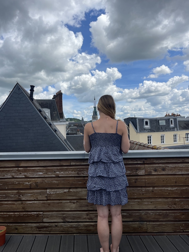 Robe plissée bleu avec des fleurs blanches
